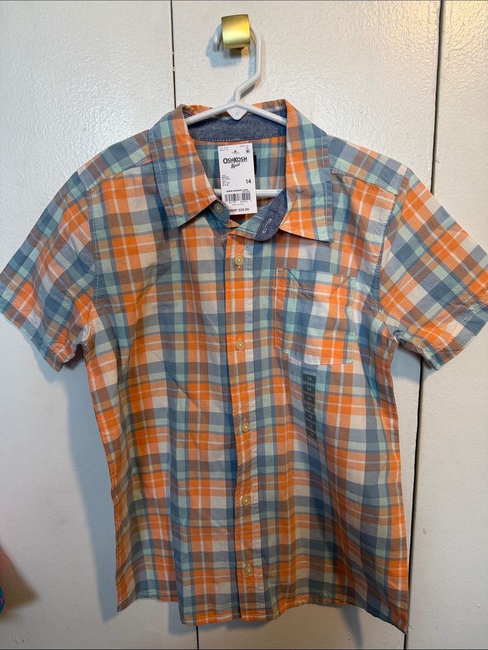 OshKosh B'gosh Orange and Light Blue Plaid Short Sleeve Button-Down